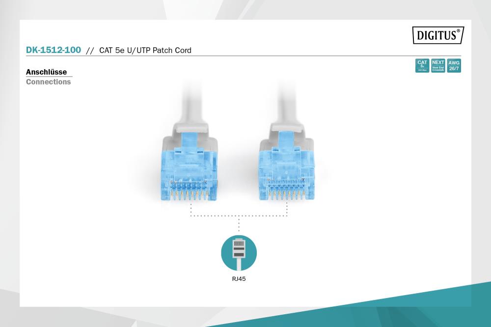 Патч-корд CAT 5e U-UTP, PVC AWG 26/7, довжина 10 м, колір сірий DK-1512-100 DIGITUS by ASSMANN