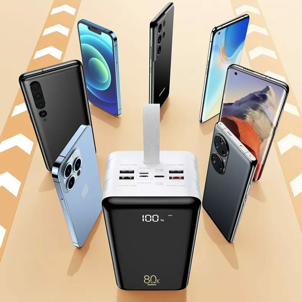 Зовнішній акумулятор REMAX Chinen Series 22.5W  PD+QC  Multi-compatible Fast Charging Power Bank with LED Light  80000mAh RPP-291 White