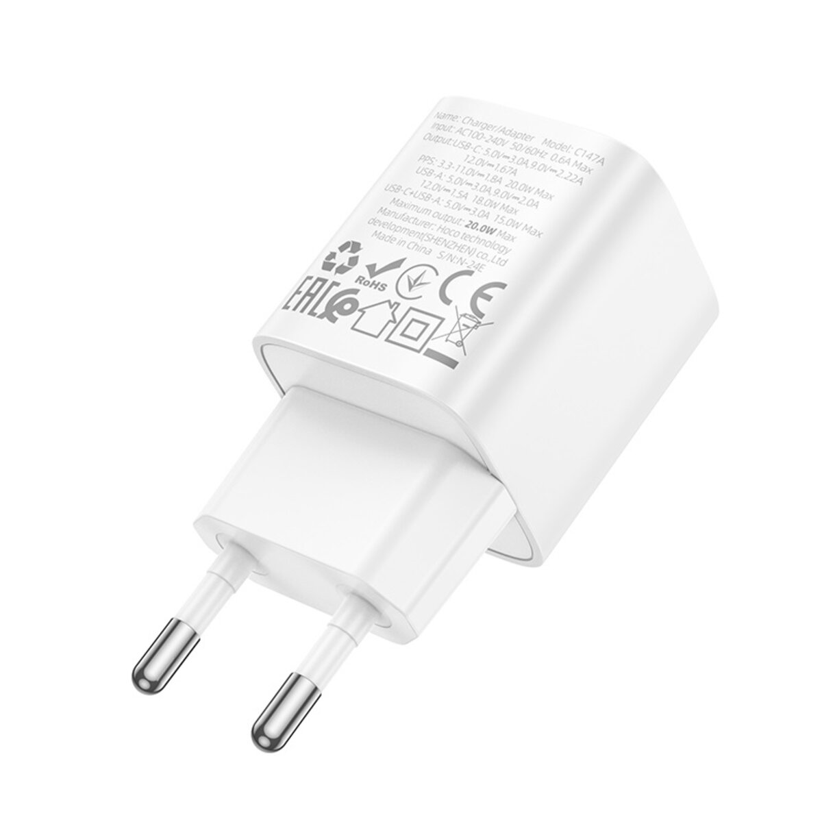 Мережевий зарядний пристрій HOCO C147A Charm PD20W+QC3.0 charger (EU) White