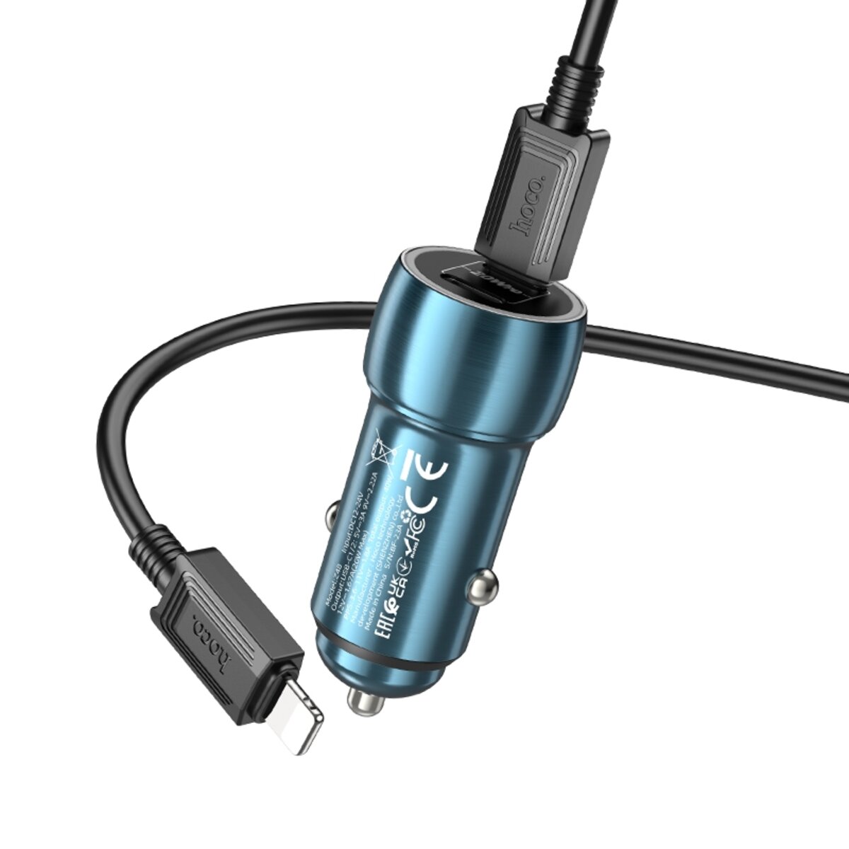 Автомобільний зарядний пристрій HOCO Z48 Tough 40W dual port(2C) car charger set(C to iP) Sapphire Blue