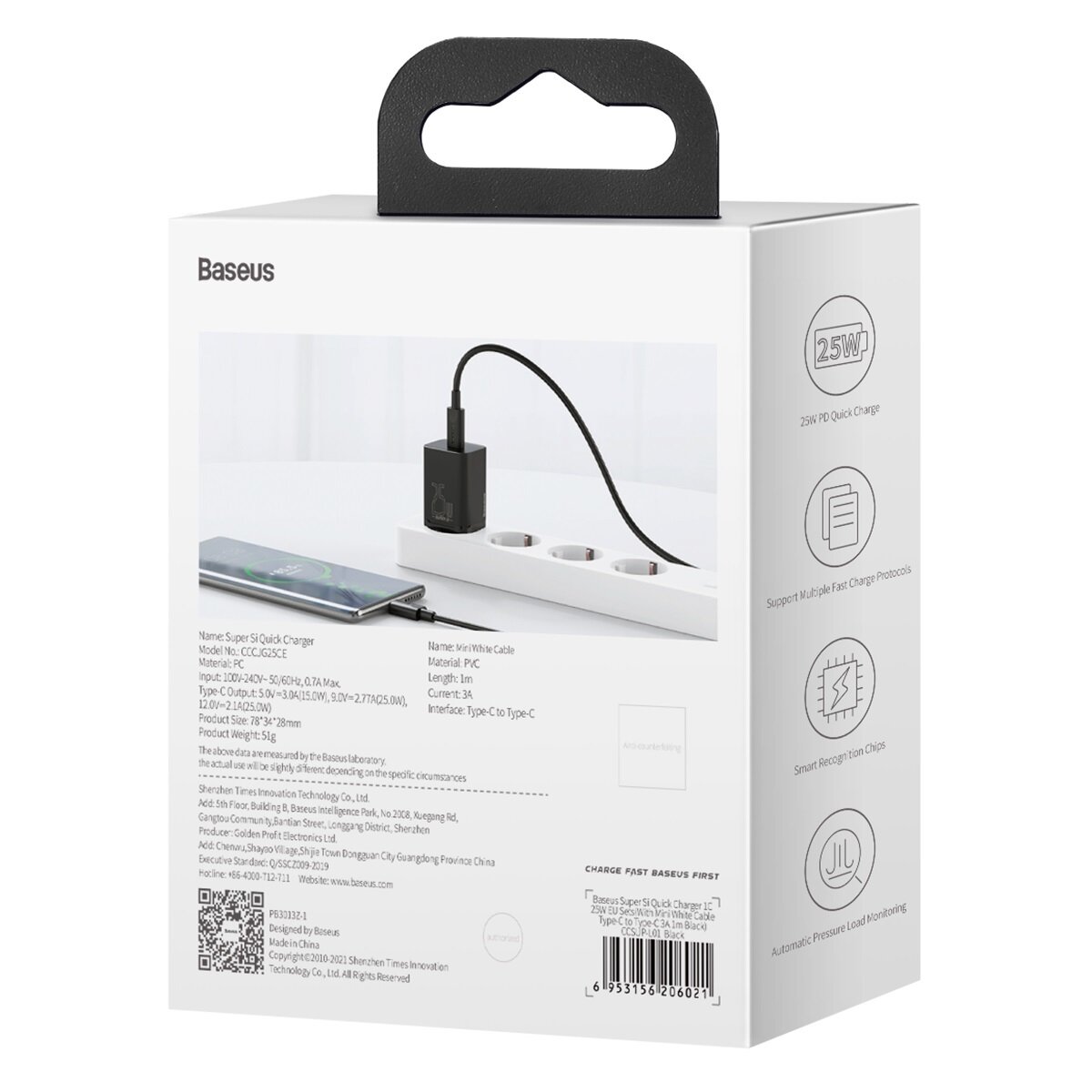 Мережевий зарядний пристрій Baseus Super Si Quick Charger 1C 25W EU Sets Black（With Mini White Cable Type-C to Type-C 3A 1m Black）