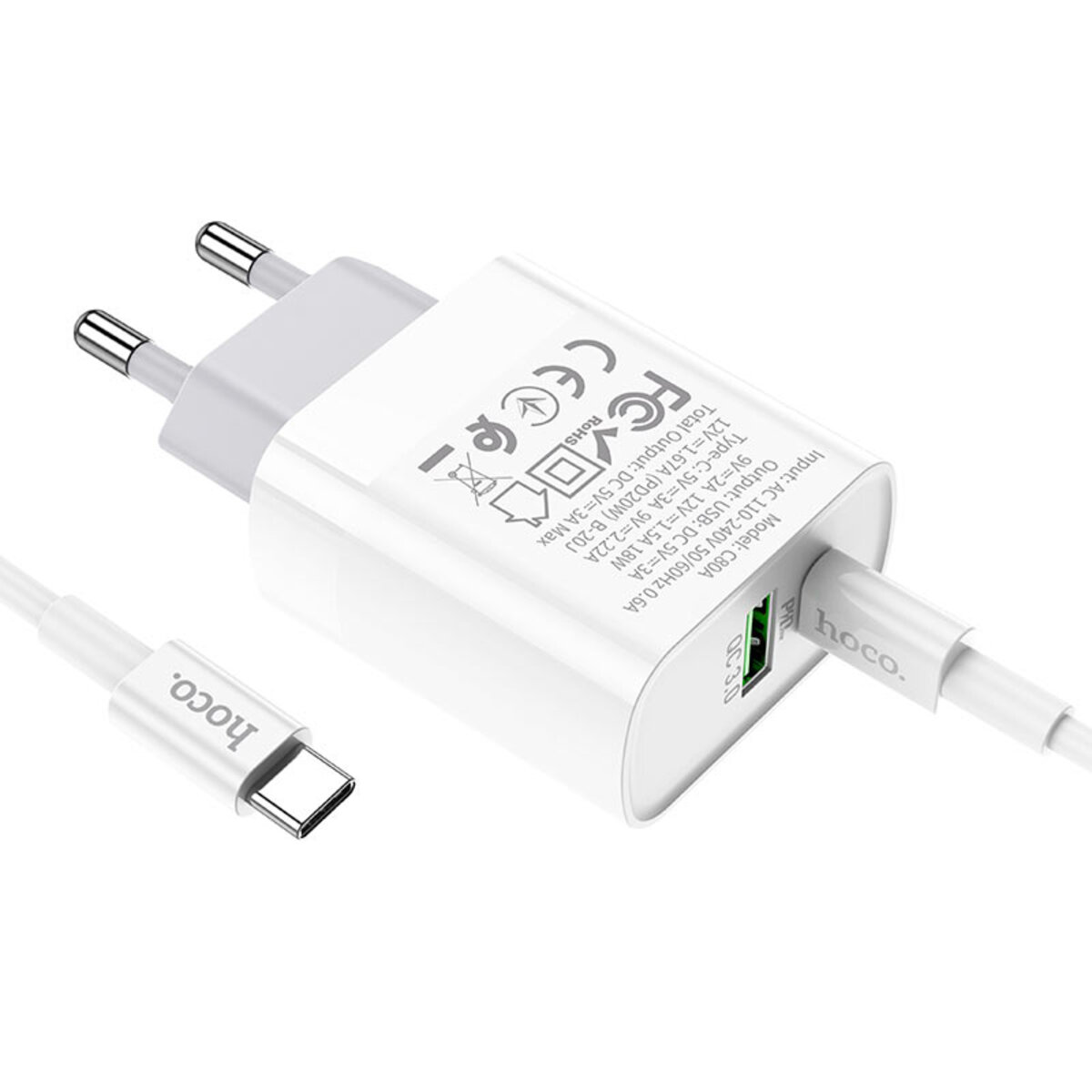 Мережевий зарядний пристрій HOCO C80A Rapido PD20W+QC3.0 charger set (Type-C TO Type-C)(EU) White