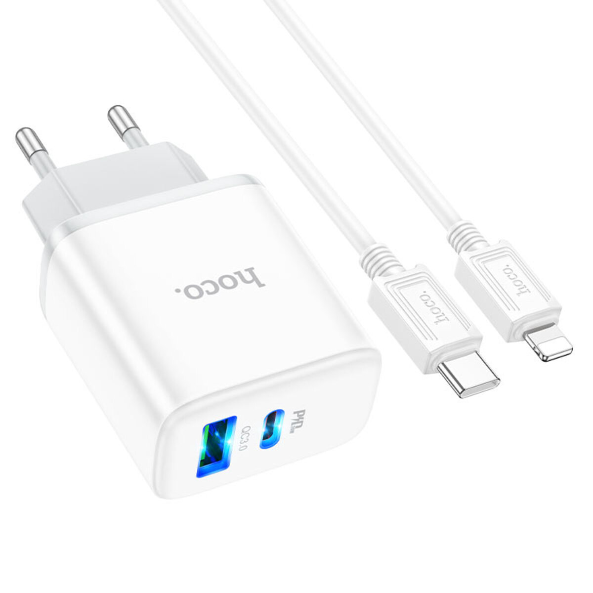 Мережевий зарядний пристрій HOCO C105A Stage dual port PD20W+QC3.0 charger set (C to iP)(EU) White