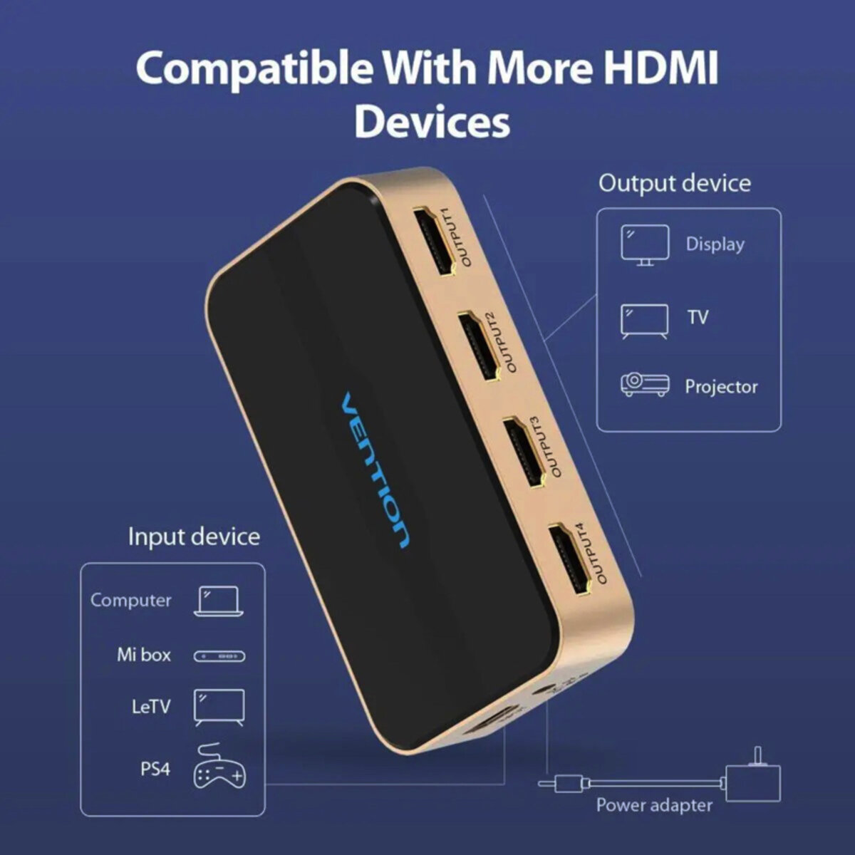 Сплітер Vention 1 In 2 Out HDMI Splitter 4K 30Hz Gold Aluminum Alloy Type EU Standard (ACBG0-EU)