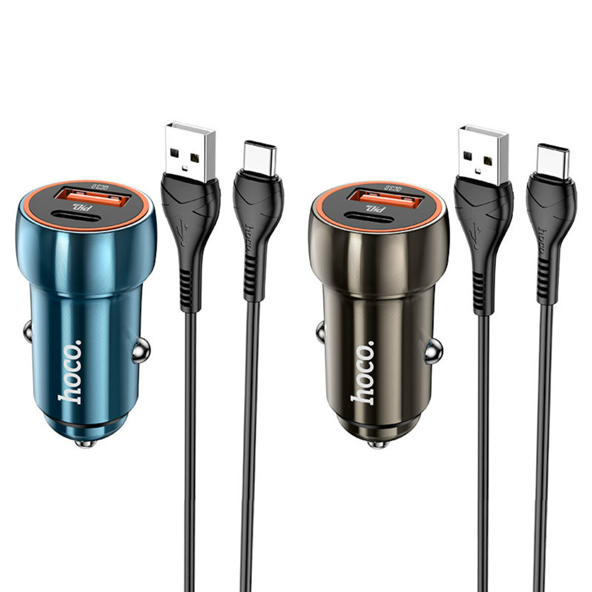 Автомобільний зарядний пристрій HOCO Z46A Blue whale PD20W+QC3.0 car charger set(Type-C) Metal Gray