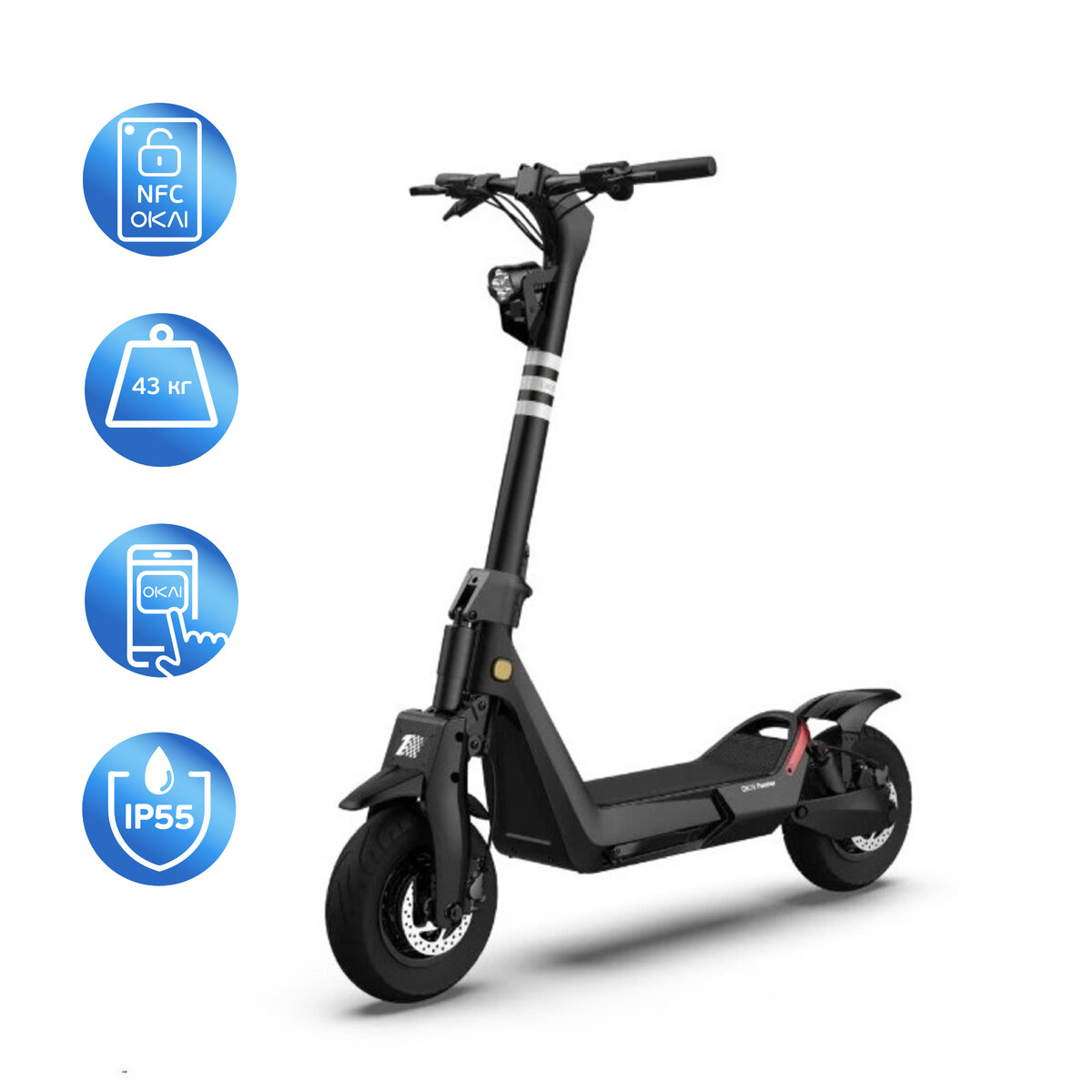 Електросамокат OKAI ES800 Panther Off-Road Black 12", 1500(3000)W, Dual Motor, 19.2Ah, 50km, 60kmh, 35%, NFC, App, 43kg
