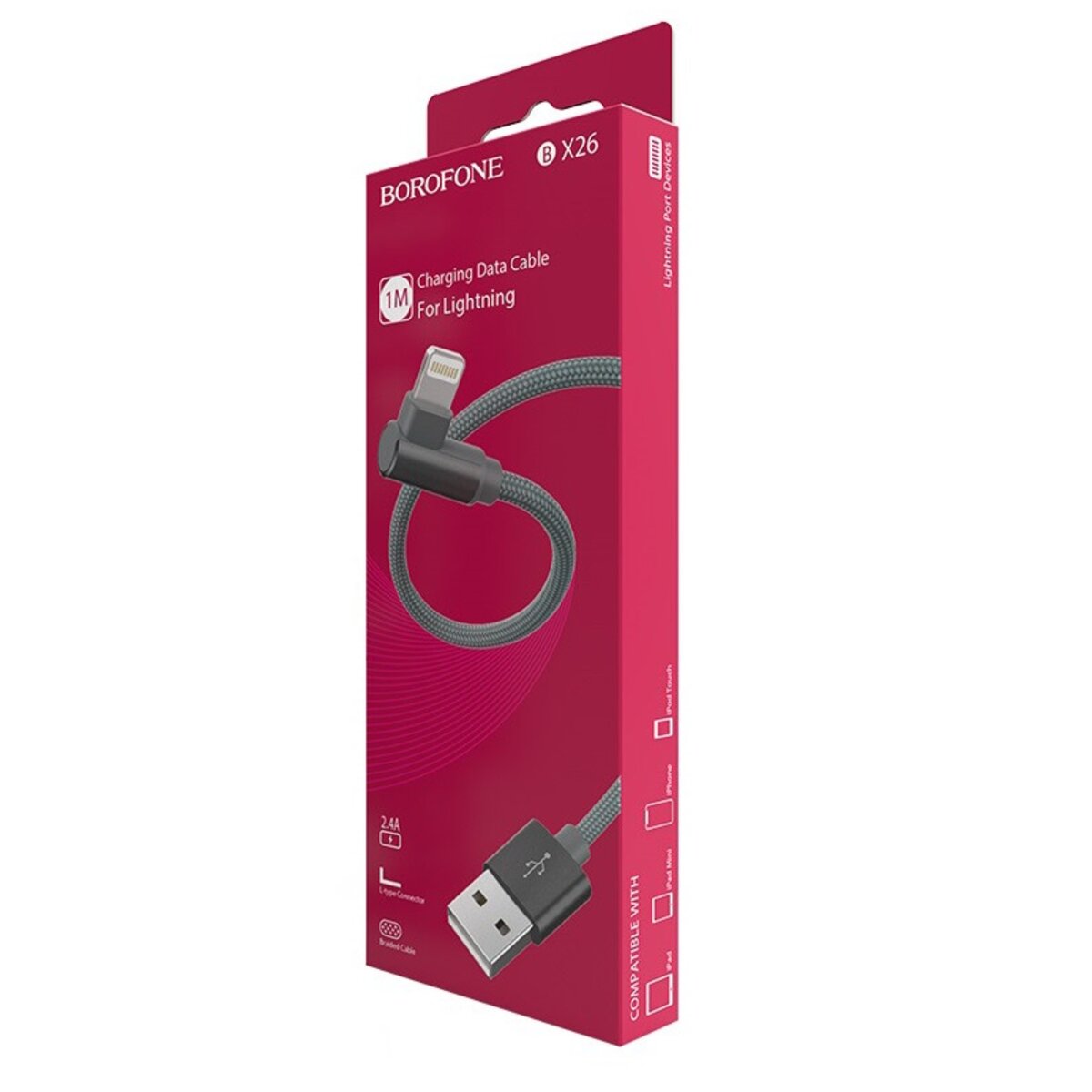 Кабель BOROFONE BX26 Express Lightning 1m, 2.4A, nylon braid Metal Gray