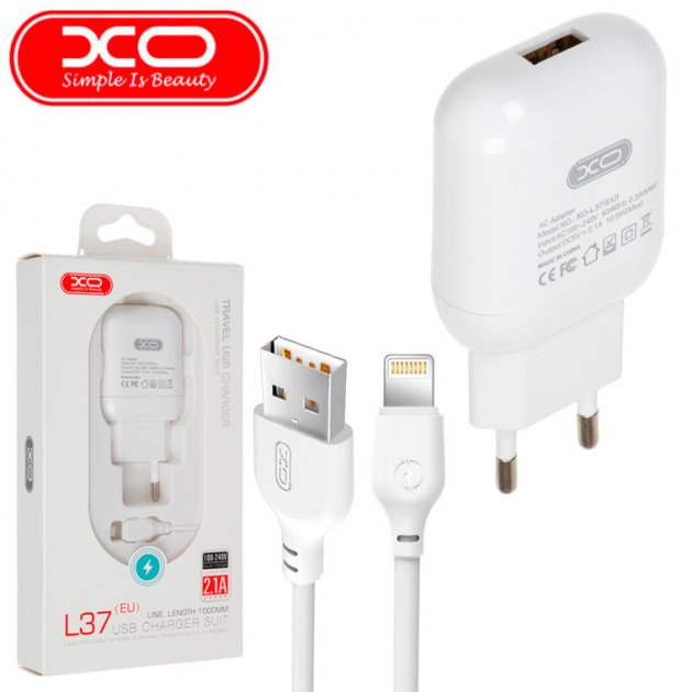 СЗУ XO L37 1USB 2.1A + Lightning Cable White