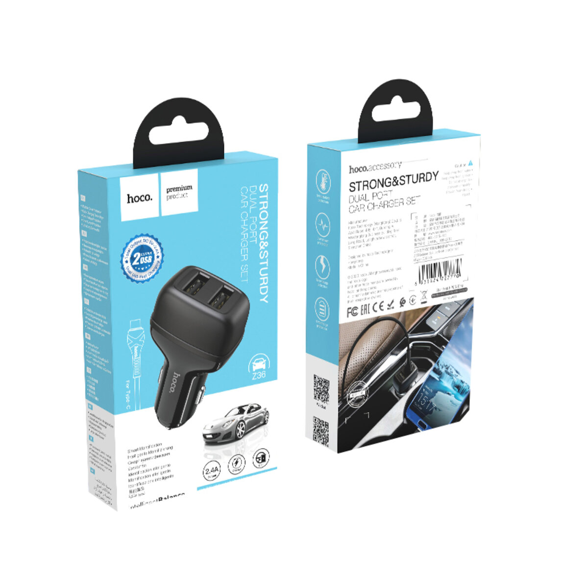 Автомобільний зарядний пристрій HOCO Z36 Leader dual port car charger set(Type-C) Black