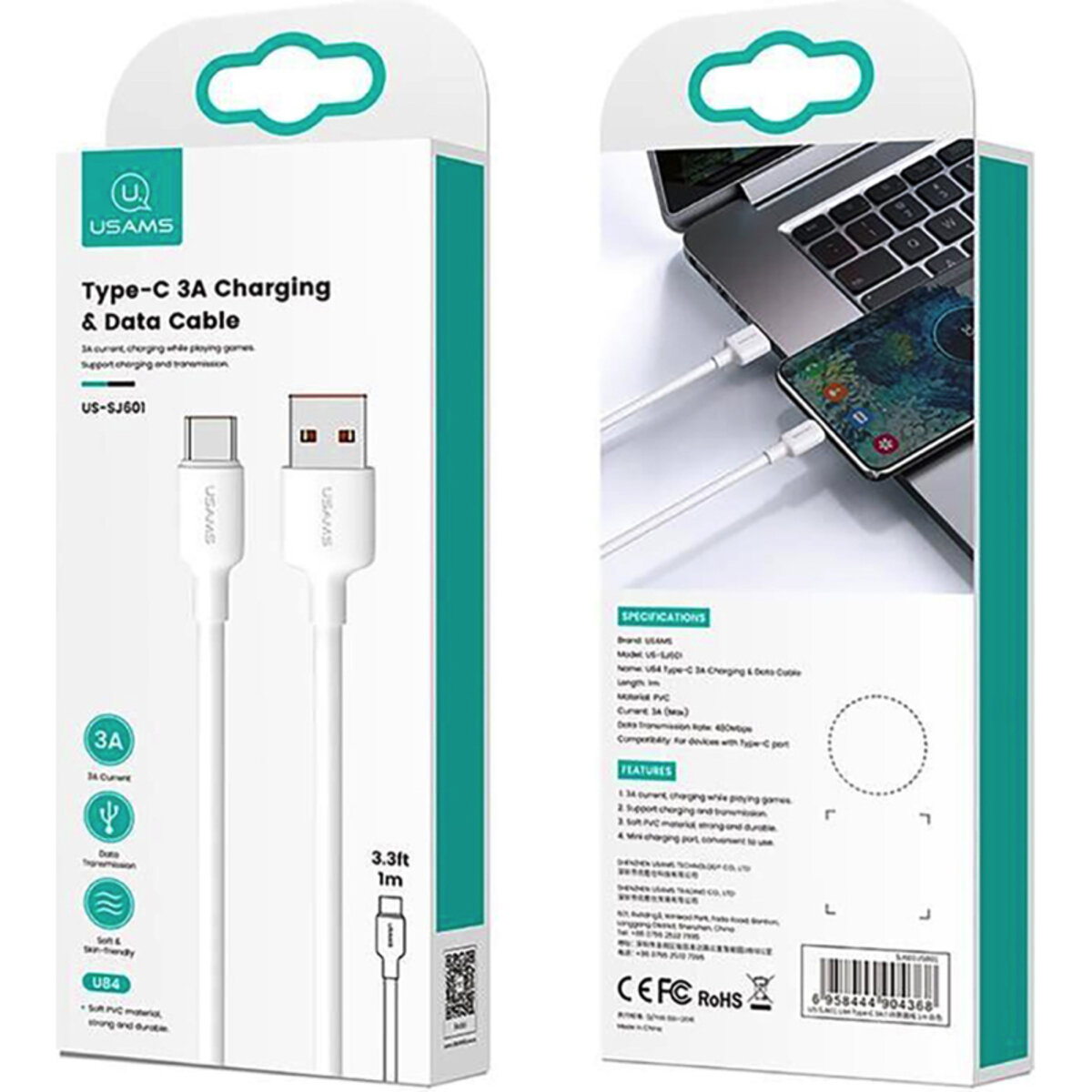 Кабель Usams US-SJ601 U84 Type-C 3A Charging & Data Cable 1m White