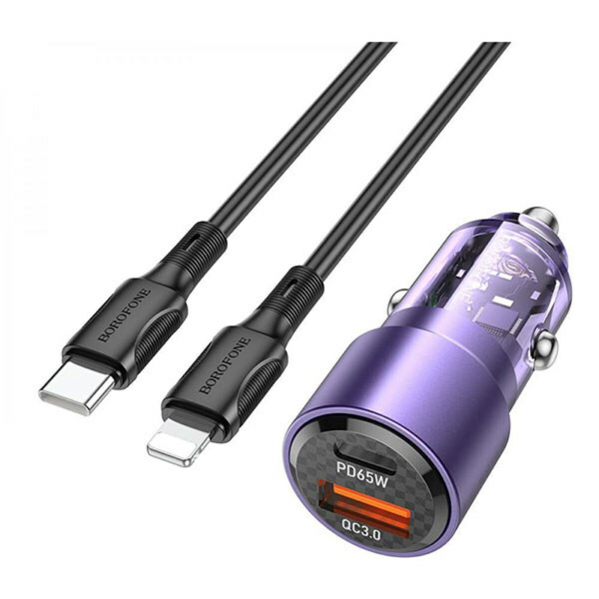 Автомобільний зарядний пристрій BOROFONE BZ20A Smart 83W dual port PD65W+QC3.0 car charger set(C to iP) Transparent Purple