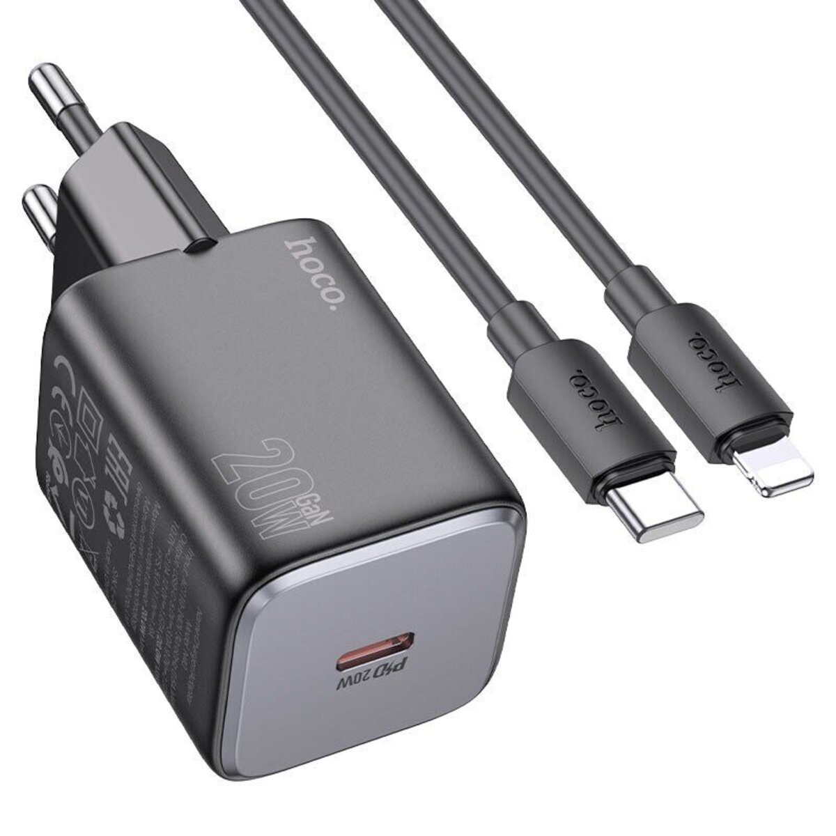Мережевий зарядний пристрій HOCO N40 Mighty single port PD20W charger set(C to iP) Black