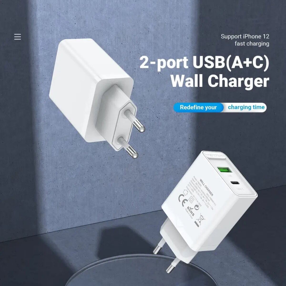 Зарядний пристрій Vention Two-Port USB(A+C) Wall Charger (18W/20W) EU-Plug White (FBBW0-EU)