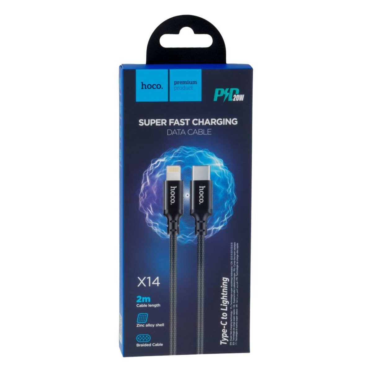 Кабель HOCO X14 Type-C to iP 3A, 20W, 2m, nylon, aluminum connectors, Black