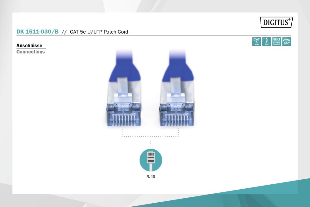 Патч-корд CAT 5e U-UTP, Cu, PVC AWG 26/7, довжина 3 м, колір синій DK-1511-030/B DIGITUS by ASSMANN