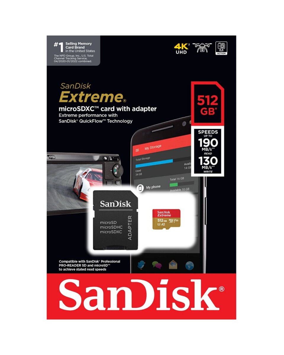 Карта пам'яті microSDXC (UHS-1 U3) SanDisk Extreme A2 512Gb class 10 V30 (R190MB/s,W130MB/s) (adapter SD)