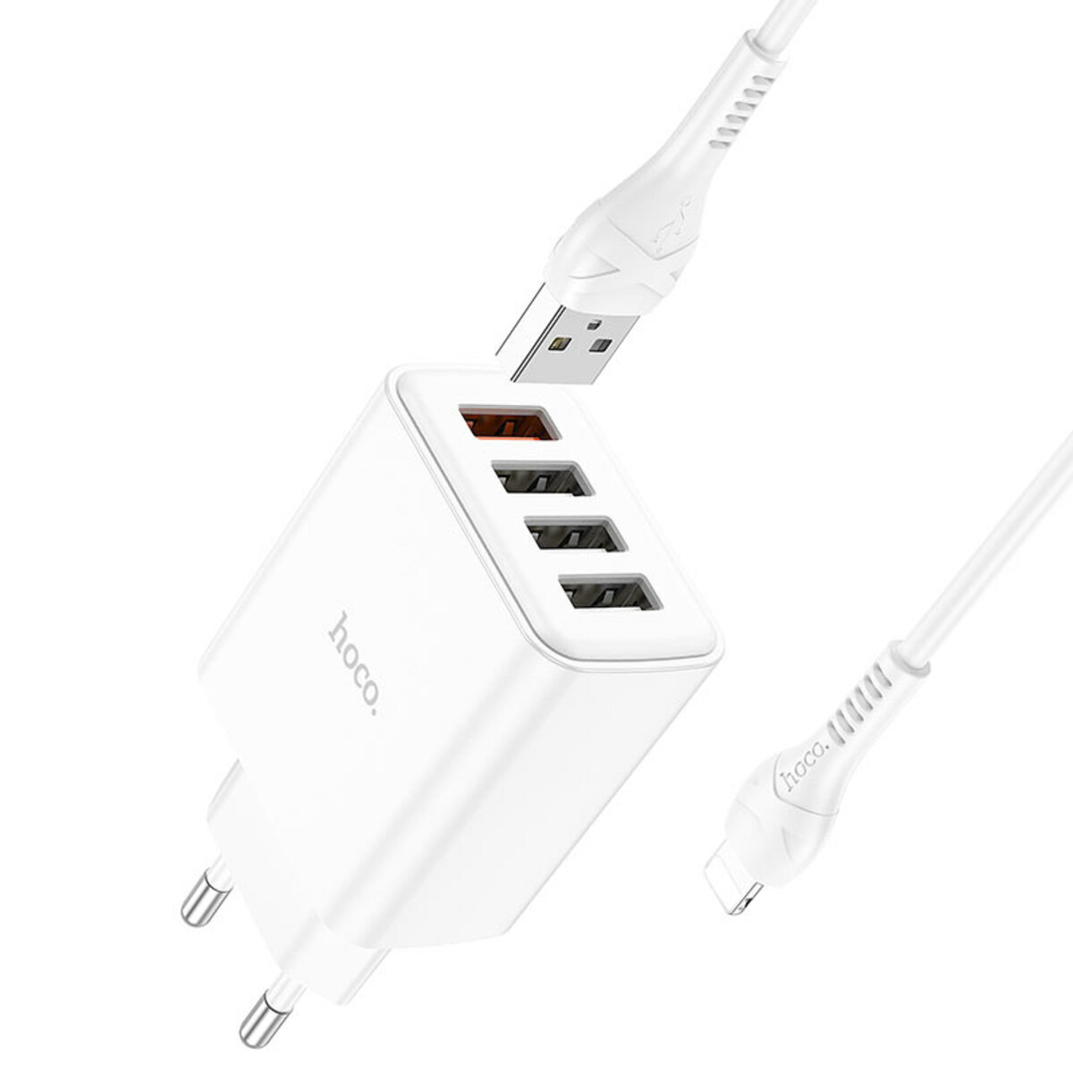 Мережевий зарядний пристрій HOCO C102A Fuerza QC3.0 four-port charger set(iP) 18W White