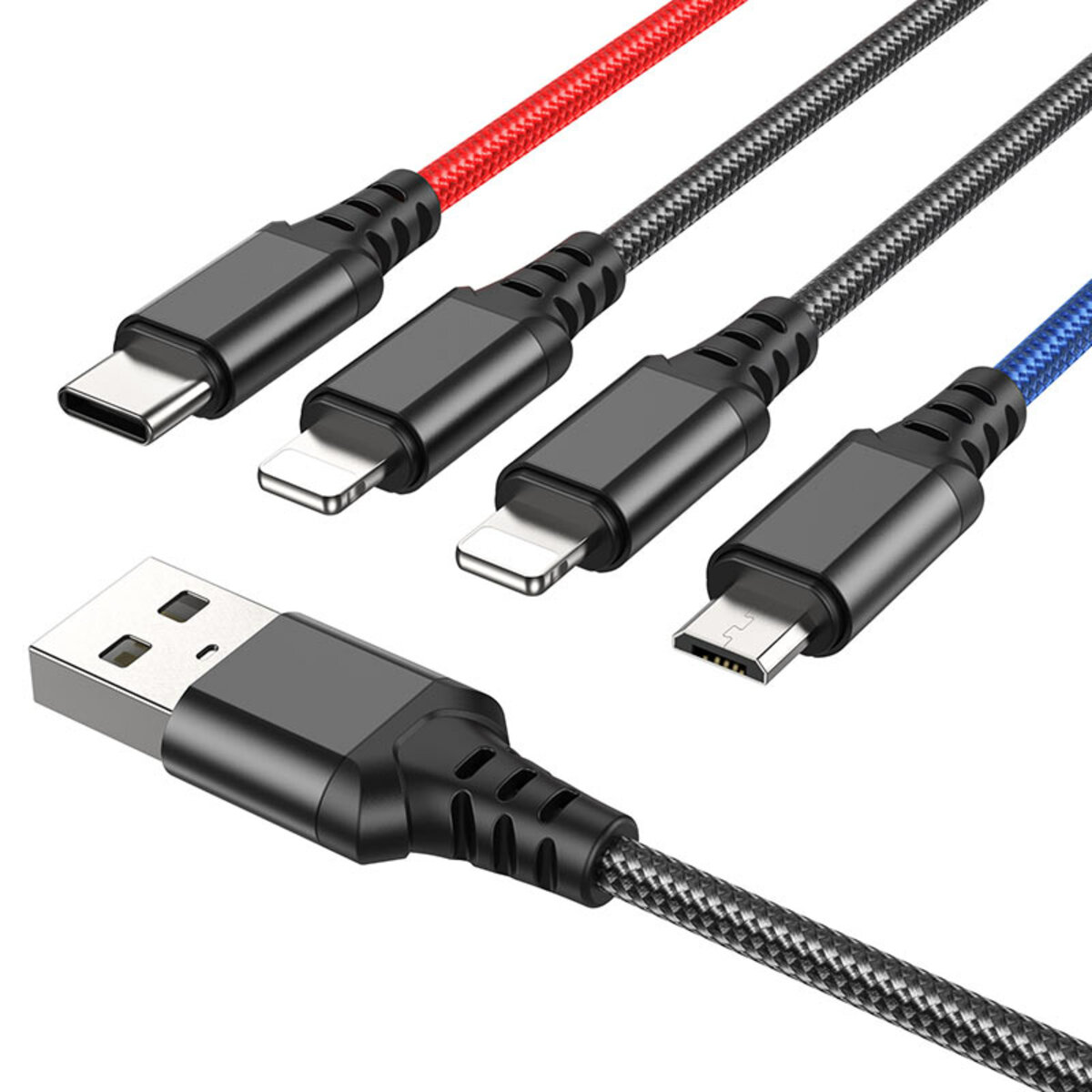 Кабель HOCO X76 USB to iP+iP+Type-C+Micro 2A, 1m, nylon, aluminum connectors Black+Red+Blue