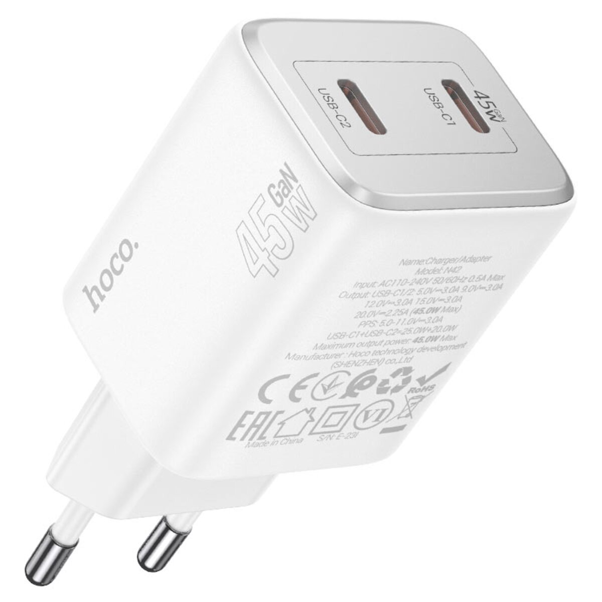 Мережевий зарядний пристрій HOCO N42 Elogiado dual-port PD45W(2C) charger set(C to iP) White
