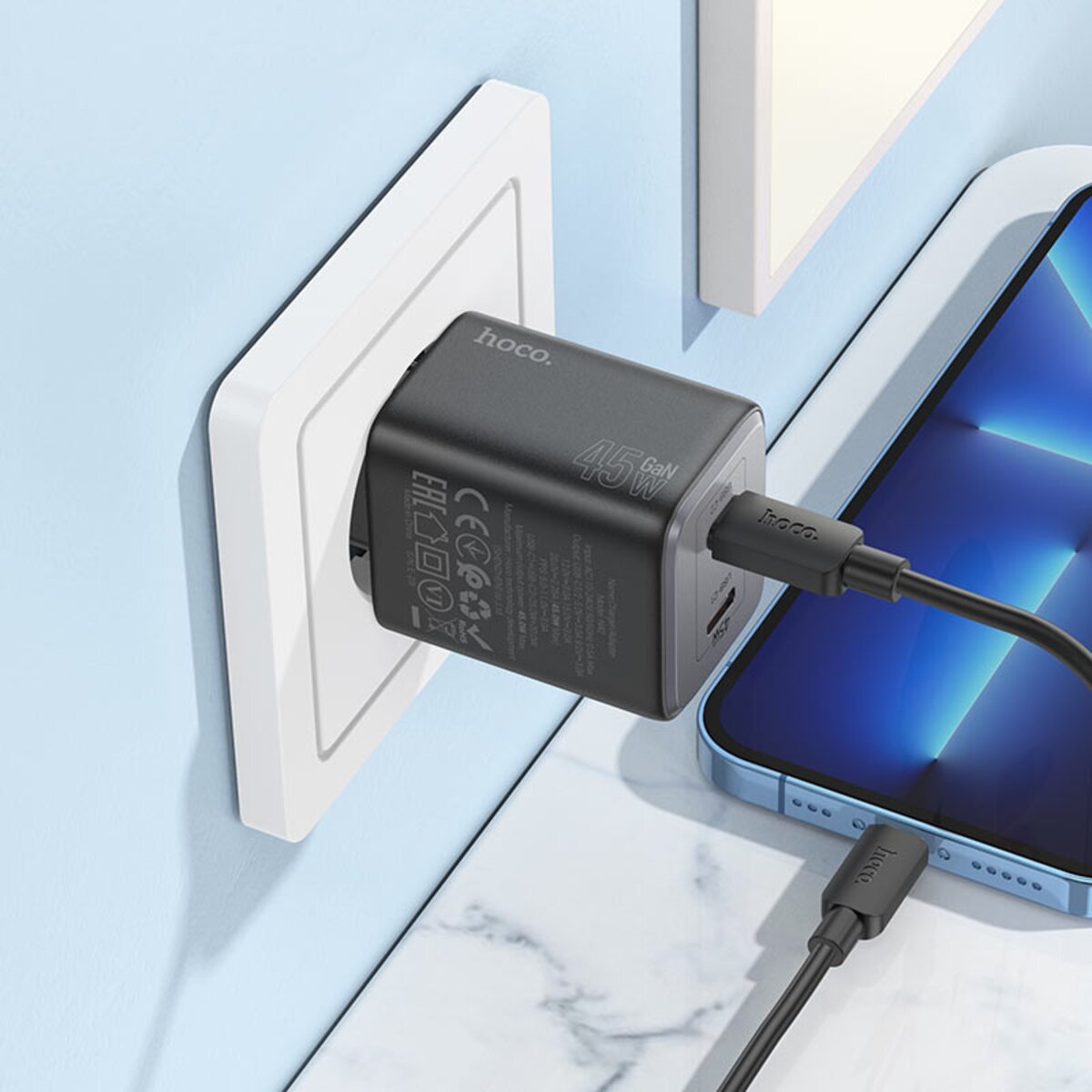 Мережевий зарядний пристрій HOCO N42 Elogiado dual-port PD45W(2C) charger set(C to iP) Black