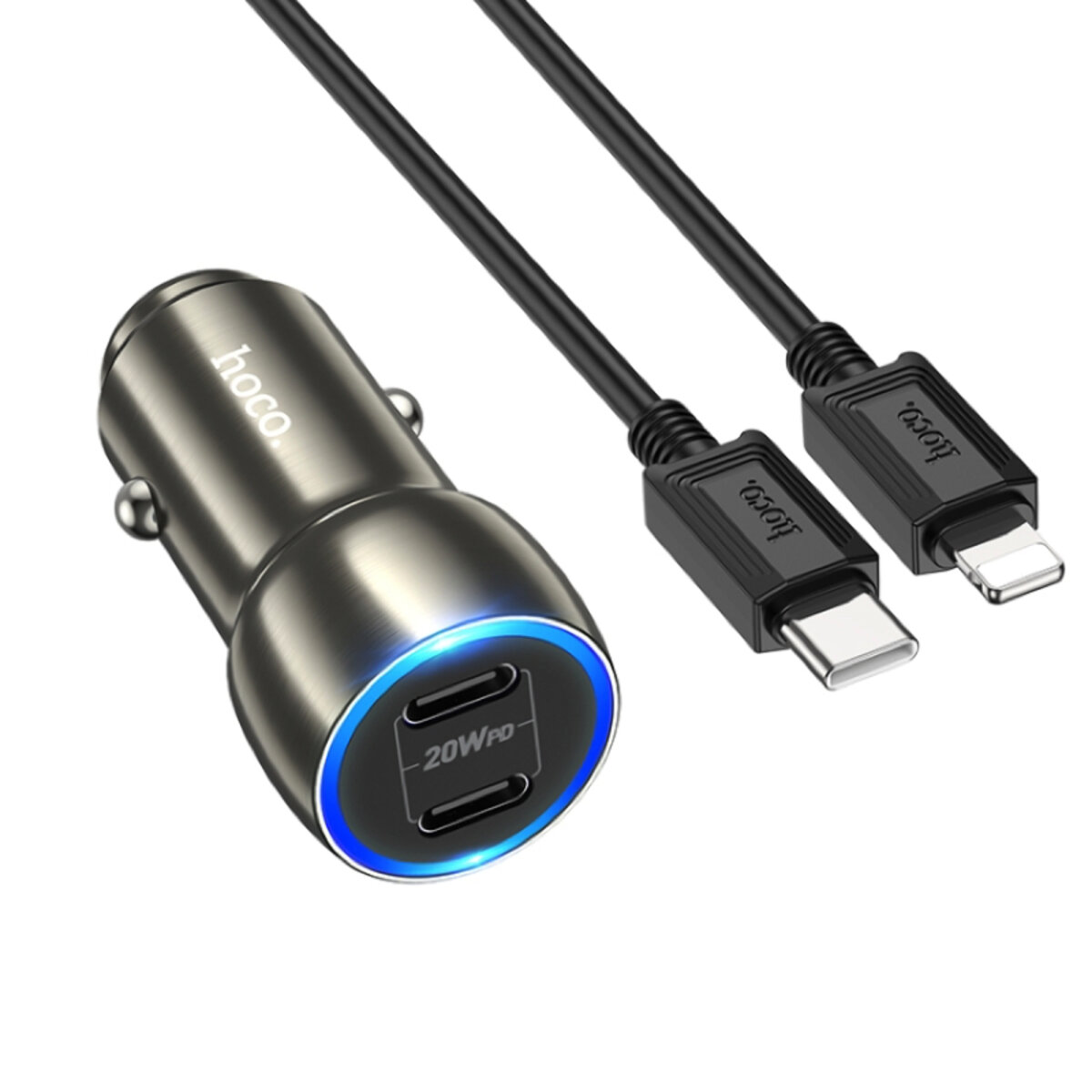 Автомобільний зарядний пристрій HOCO Z48 Tough 40W dual port(2C) car charger set(C to iP) Metal Gray