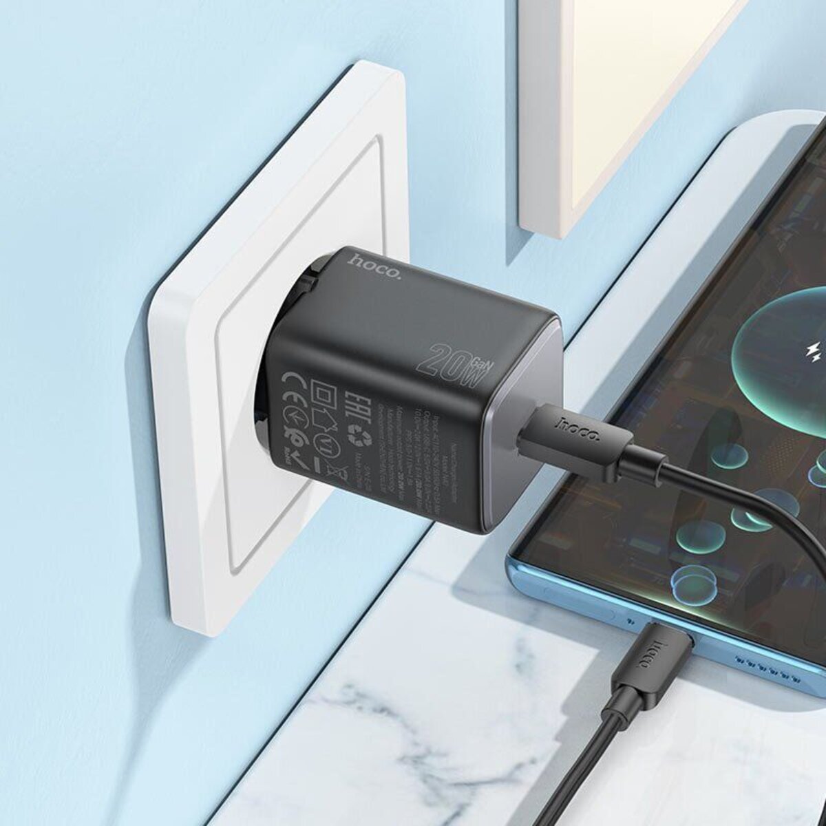 Мережевий зарядний пристрій HOCO N40 Mighty single port PD20W charger set(C to iP) Black