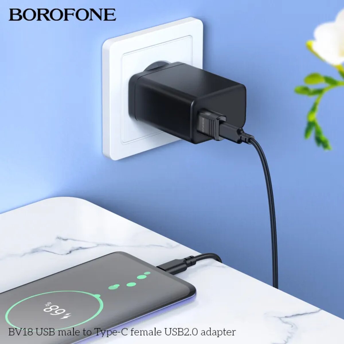 Адаптер BOROFONE BV18 USB male to Type-C female USB2.0 adapter Black