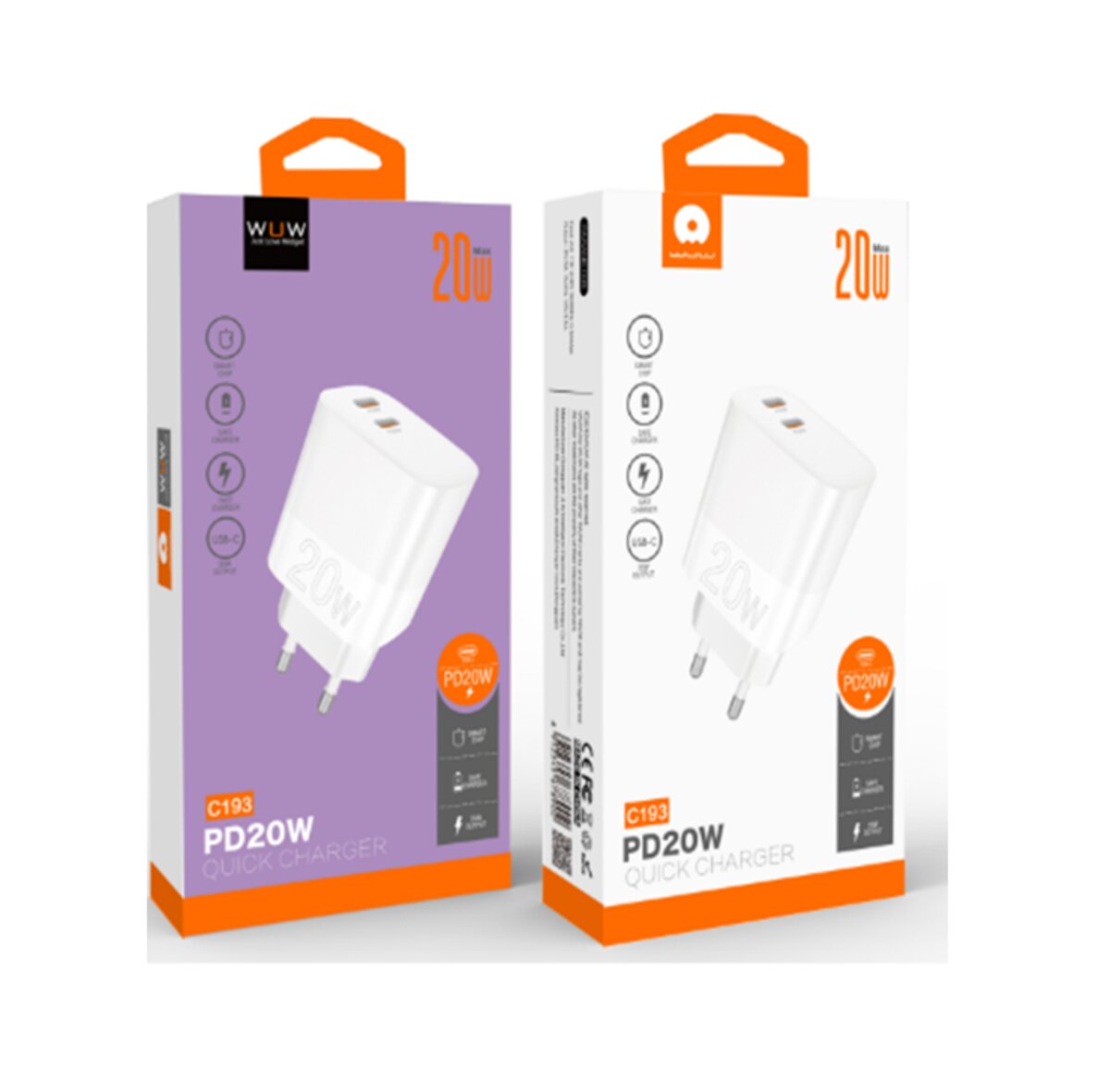 Зарядний пристрій WUW-C193 PD20W+PD20W Charger USB C + USB C white