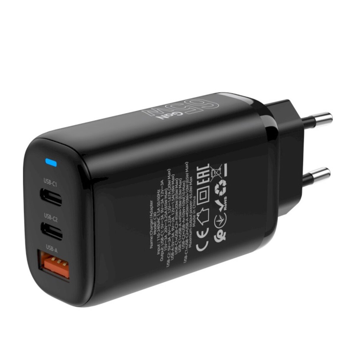 Мережевий зарядний пристрій CHAROME C30 PD65W GaN (2*USB-C+USB-A) Charger Set (Type-C to Type-C) Black