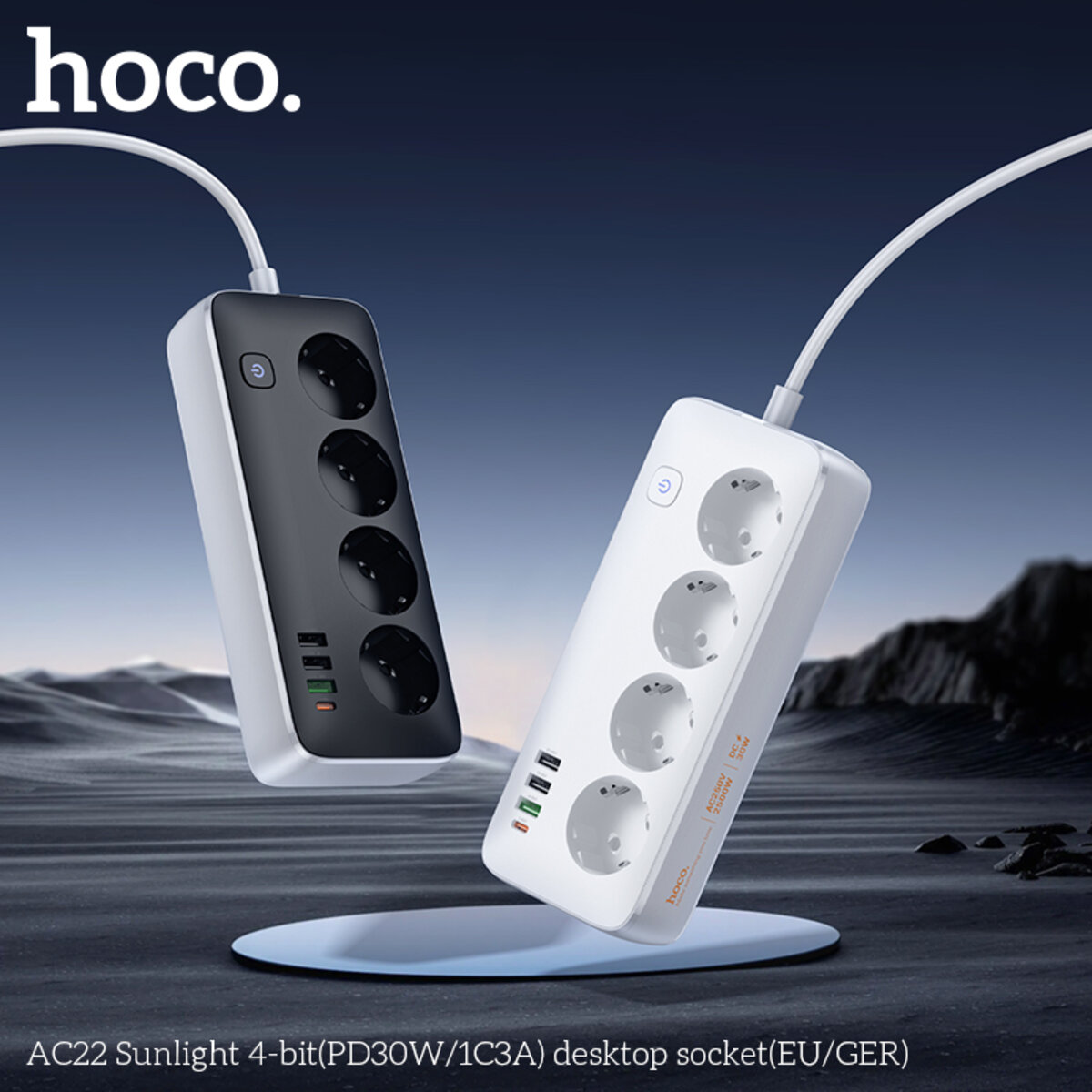 Мережевий подовжувач HOCO AC22 Sunlight 4-bit(PD30W/1C3A) desktop socket(EU/GER) Black