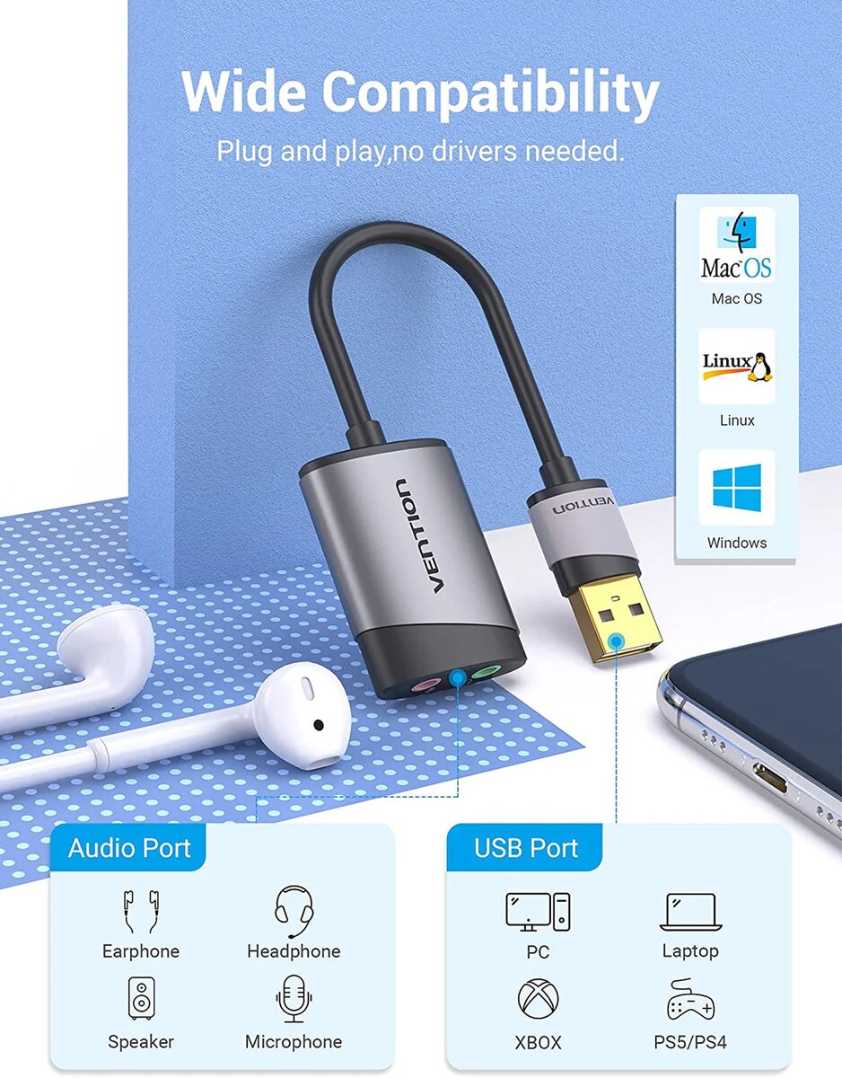 Адаптер Vention USB External Sound Card 0.15M Gray Metal Type (CDKHB)