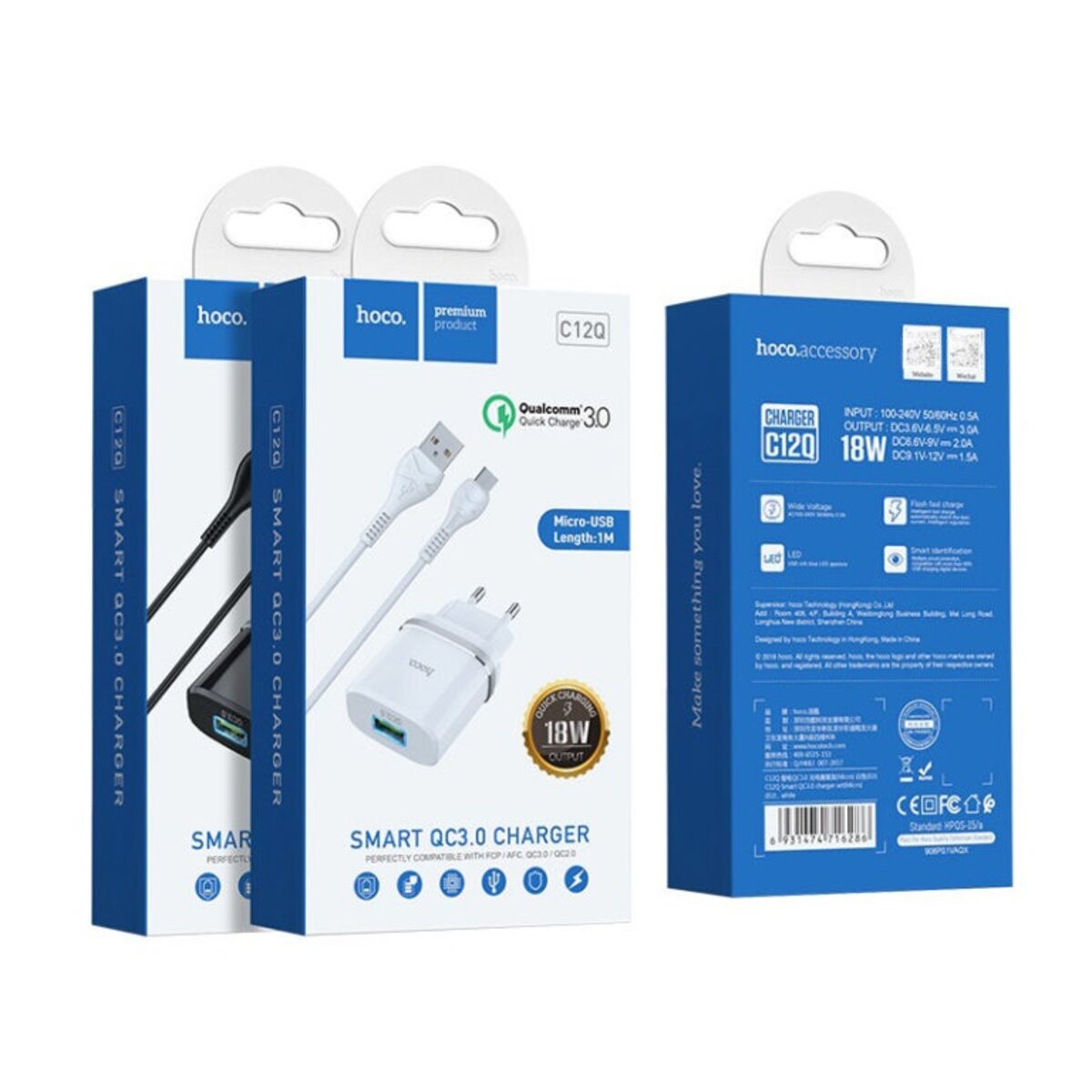Мережевий зарядний пристрій HOCO C12Q Smart QC3.0 charger set(Micro) 18W White