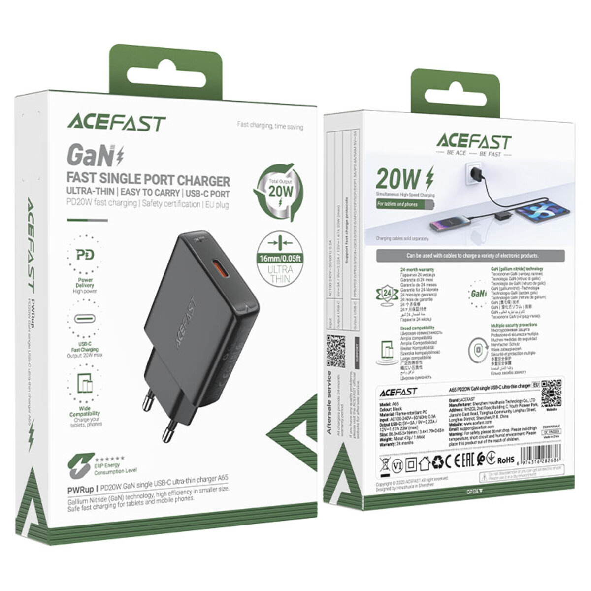 Мережевий зарядний пристрій ACEFAST A65 PD20W GaN single USB-C ultra-thin charger Black