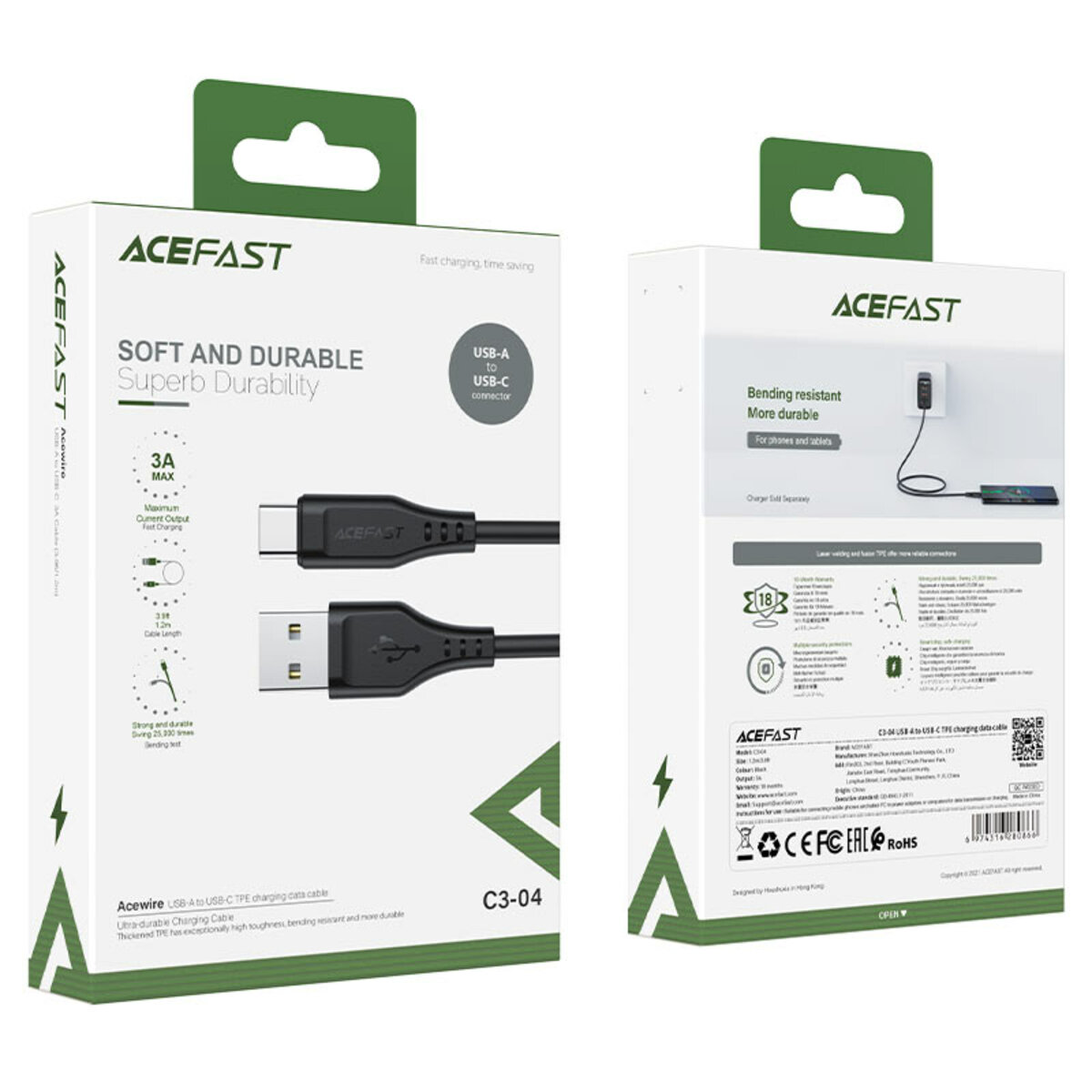 Кабель ACEFAST C3-04 USB to Type-C 3A, 1.2m, TPE, TPE connectors, Black
