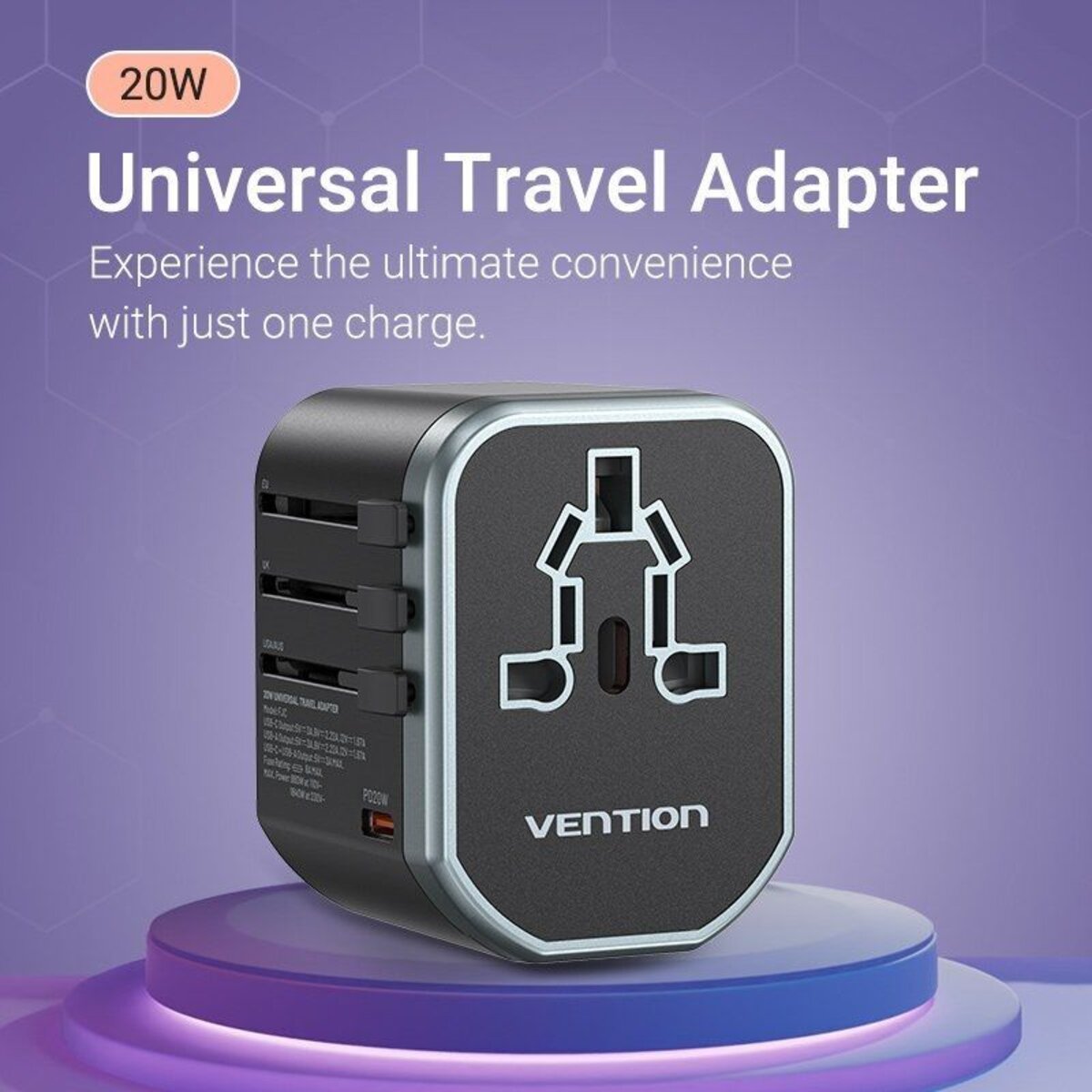 Зарядний пристрій Vention 3-Port USB (C + A + A) Universal Travel Adapter (20W/18W/18W) Black (FJCB0)