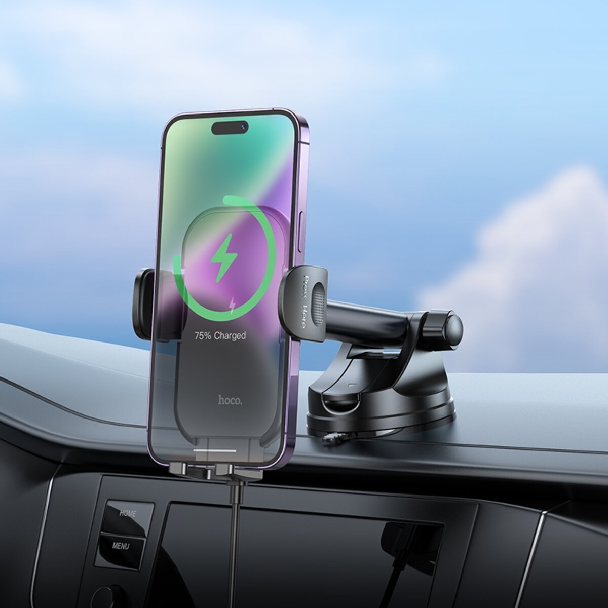 Автотримач для телефона з БЗП HOCO HW5 Journey wireless fast charging car holder(center console) Black