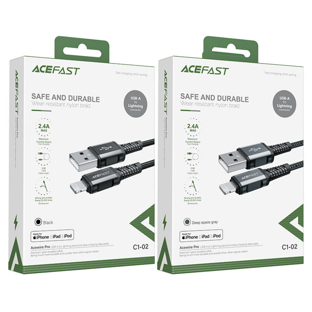 Кабель ACEFAST C1-02 USB to iP 2.4A, 1.2m, nylon, aluminum connectors, Black