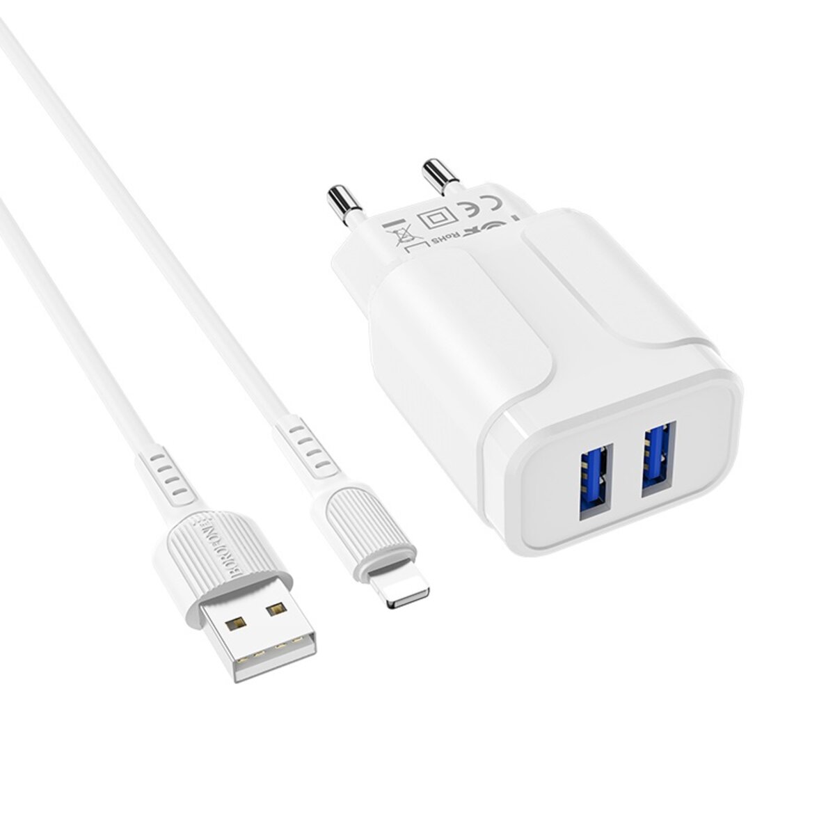 Мережевий зарядний пристрій BOROFONE BA37A Speedy dual port charger(Lightning)  White