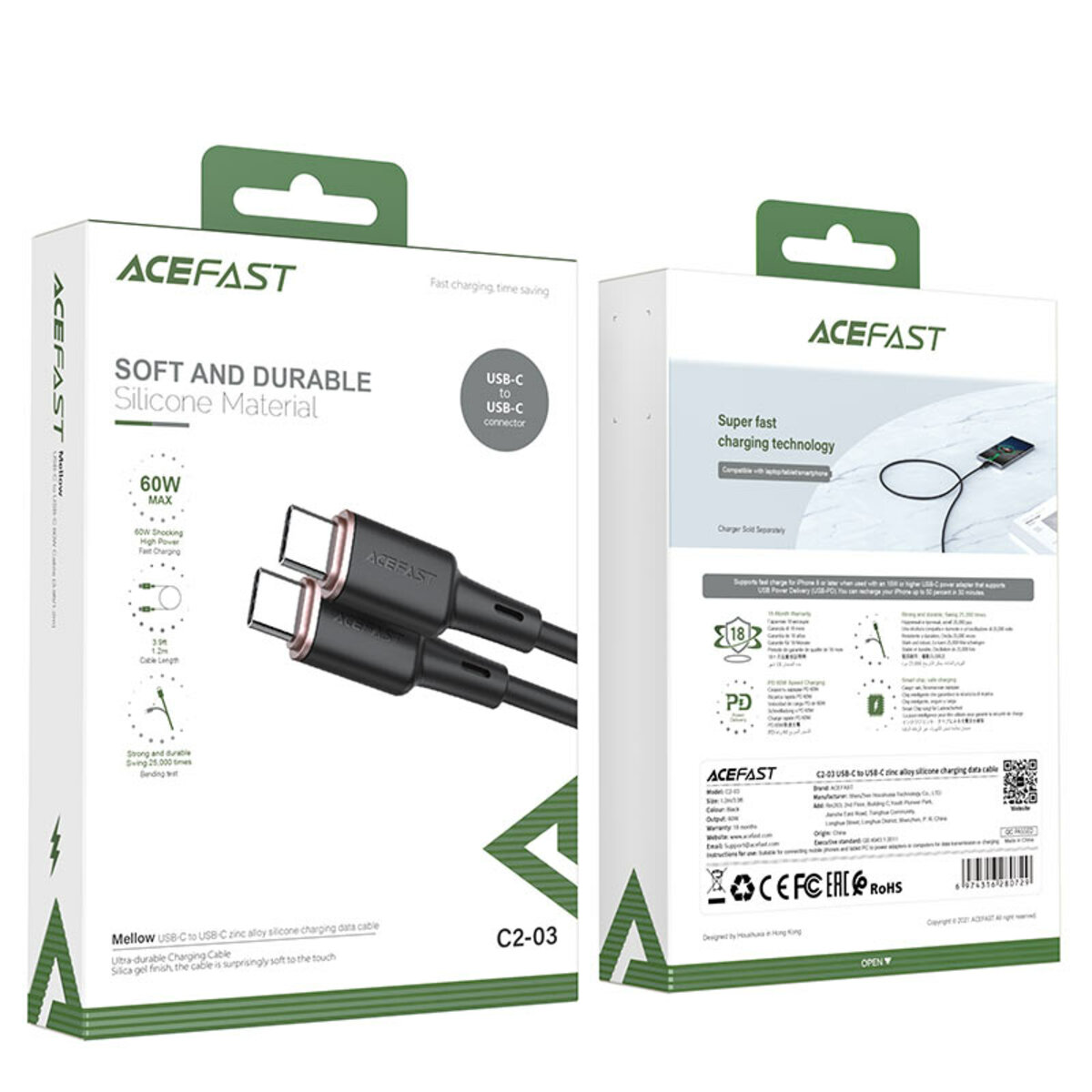 Кабель ACEFAST C2-03 Type-C to Type-C 3A, 60W, 1.2m, silicone, zinc connectors, Black