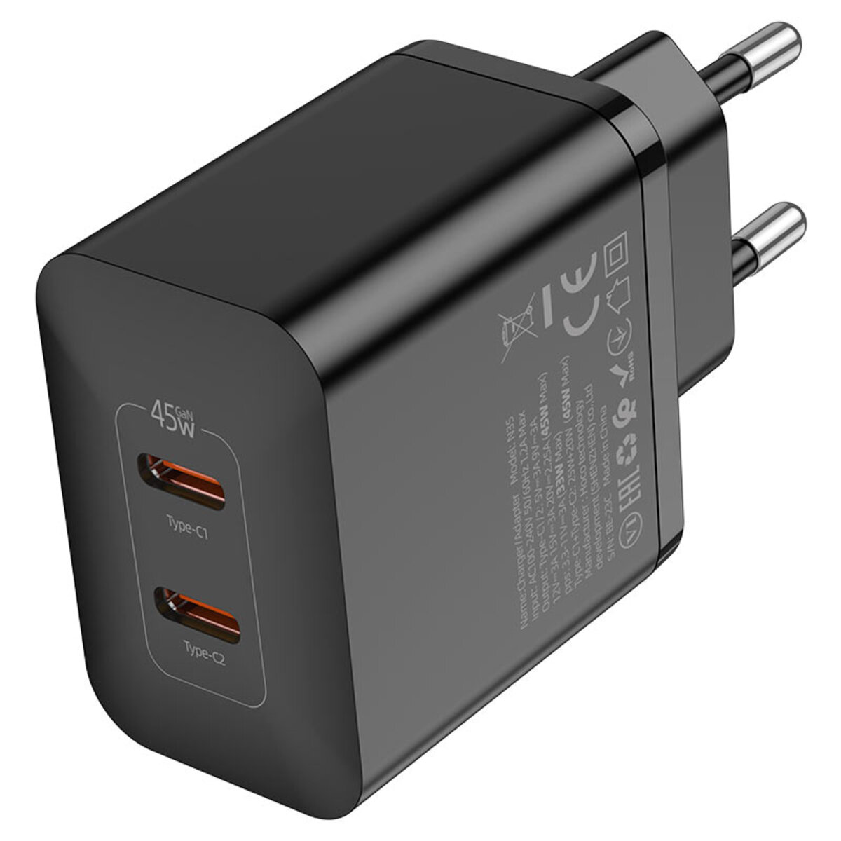 Мережевий зарядний пристрій HOCO N35 Streamer dual-port PD45W GaN (2C) charger(EU) Black