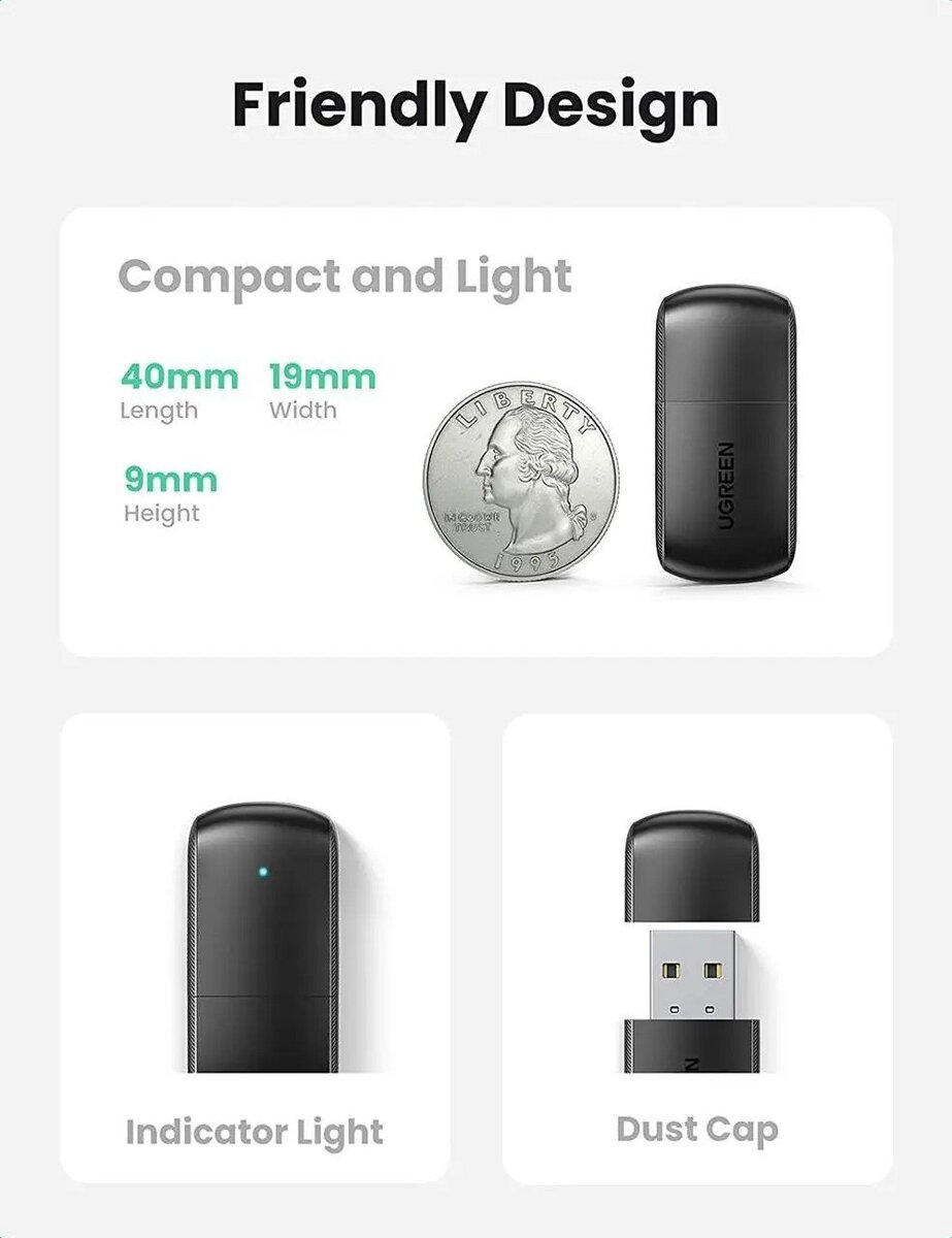 WI-FI-адаптер UGREEN CM448 AC650 11ac Dual-Band Wireless USB Adapter(UGR-20204)