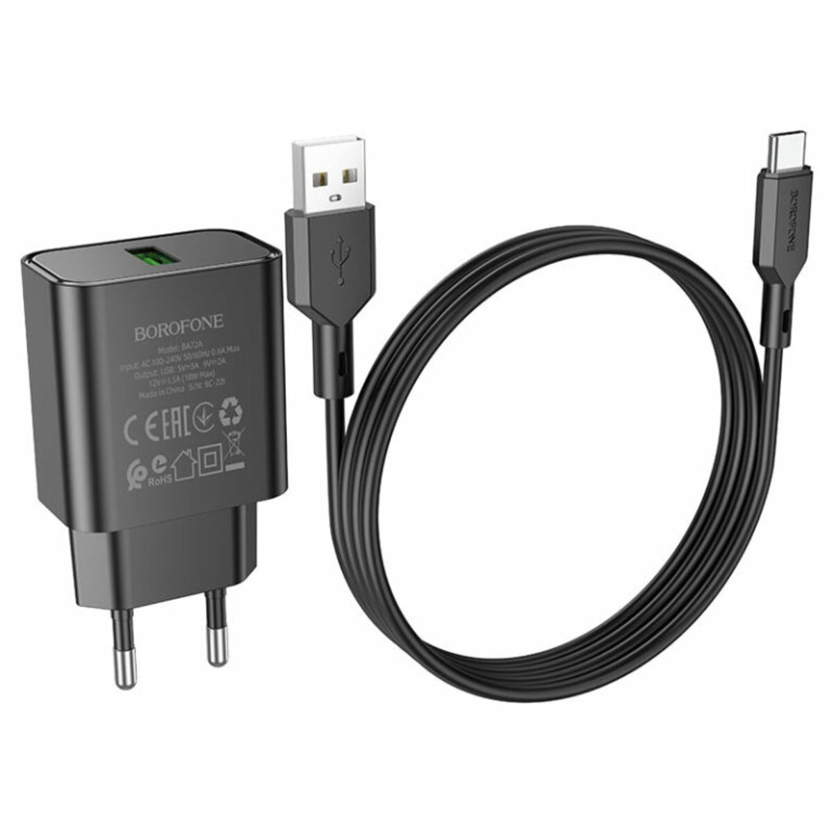 Мережевий зарядний пристрій BOROFONE BA72A Spring single port QC3.0 charger set(Type-C) Black