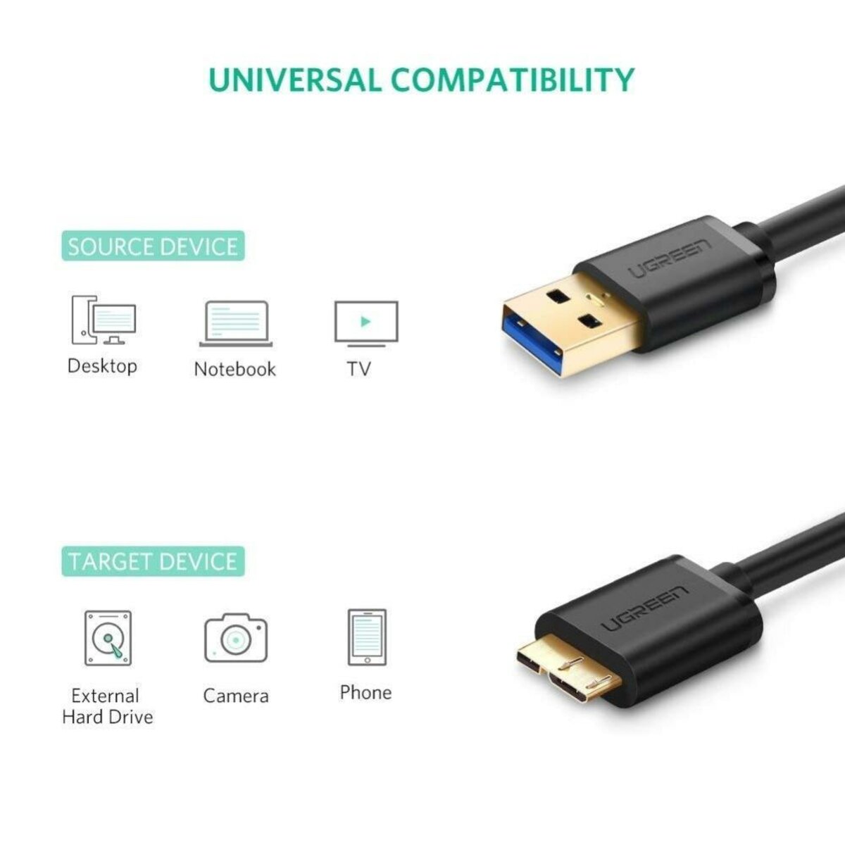 Кабель UGREEN US130 USB 3.0 A Male to Micro USB 3.0 Type B Male Cable 1m (Black) (UGR-10841)