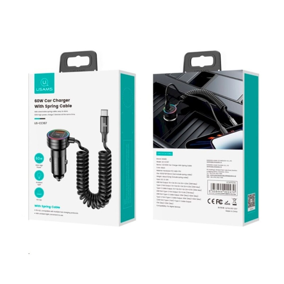 АЗП Usams US-CC167 C33 60W Car Charger With Spring Cable Black