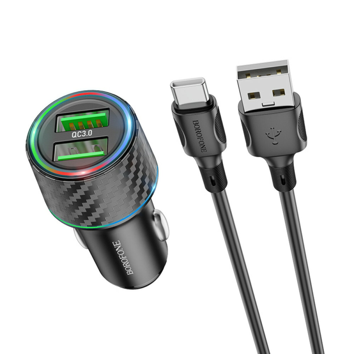 Автомобільний зарядний пристрій BOROFONE BZ21A Brilliant 36W dual port QC3.0 car charger set(Type-C) Black