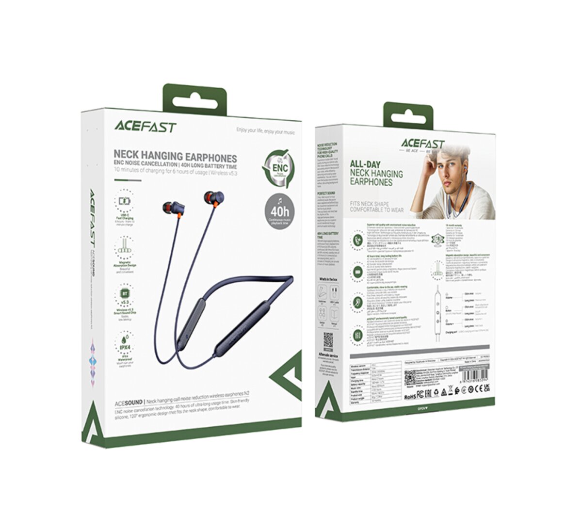 Бездротові навушники ACEFAST N2 neck hanging call noise reduction wireless earphones Navy Blue