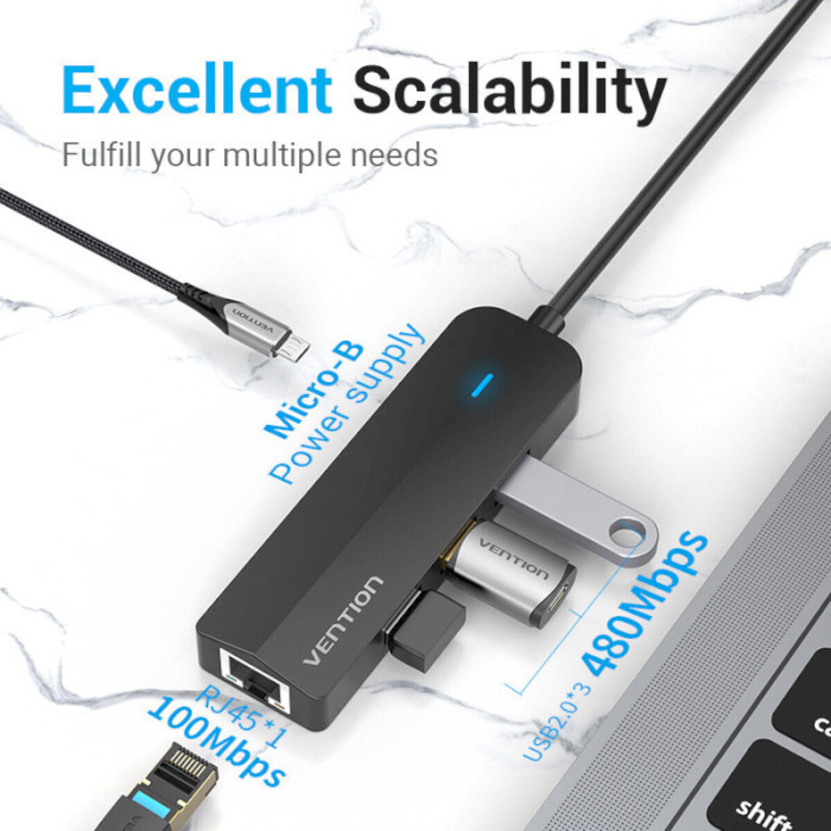 USB-хаб Vention USB-C to USB 2.0*3/RJ45/Micro-B HUB 0.15M Black ABS Type