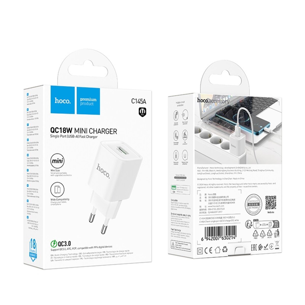 Мережевий зарядний пристрій HOCO C145A Charm single port QC3.0 charger (EU) White
