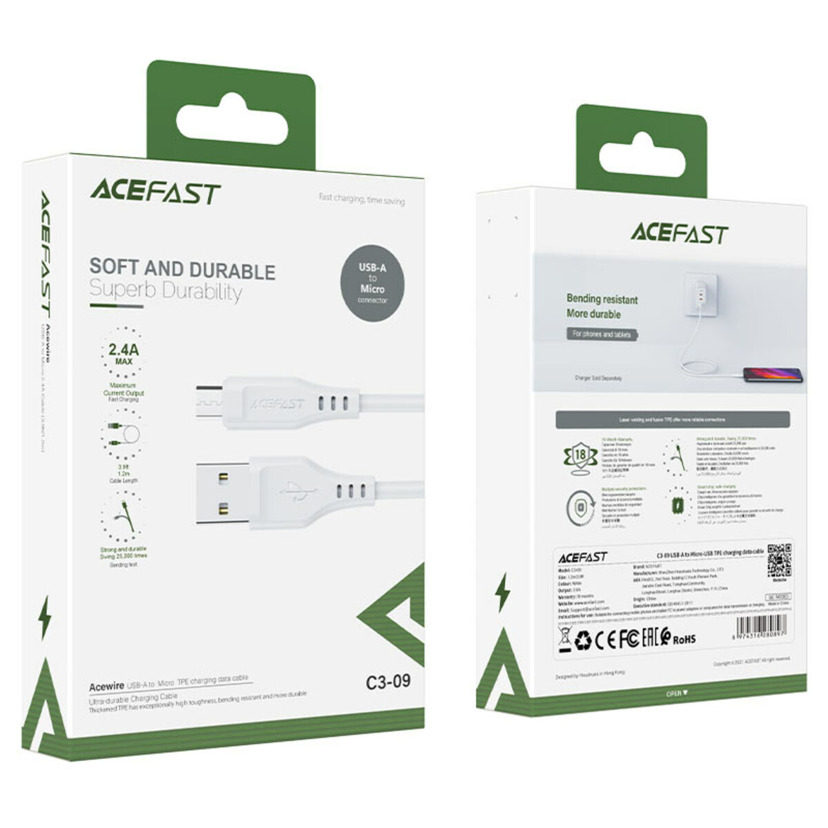 Кабель ACEFAST C3-09 USB to Micro 2,4A, 1.2m, TPE, TPE connectors, White