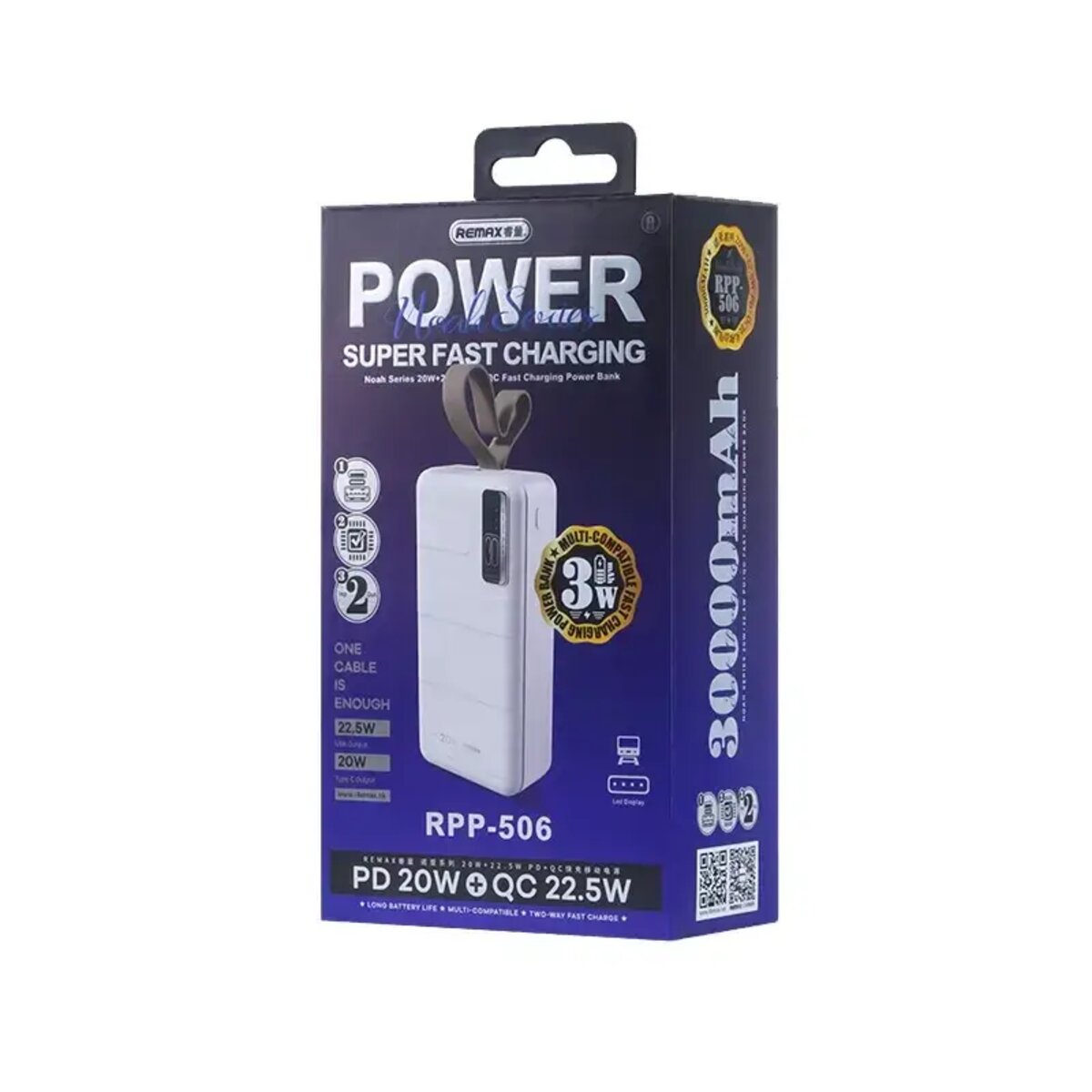 Зовнішній акумулятор REMAX Noah Series 20W+22.5W PD+QC Fast Charging Power Bank 30000mAh  RPP-506 White